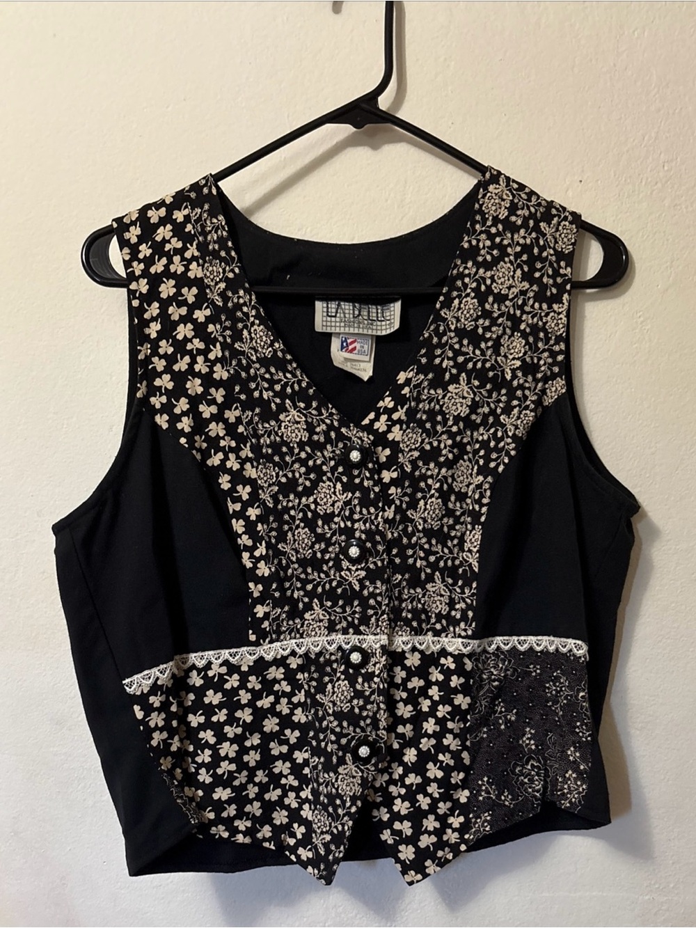 Vintage 90s La Belle Black & Cream Floral Lace-Trim Vest